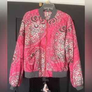 Free People Daytrip Bomber Jacket Womens Small Pink Floral Full Zip Casual